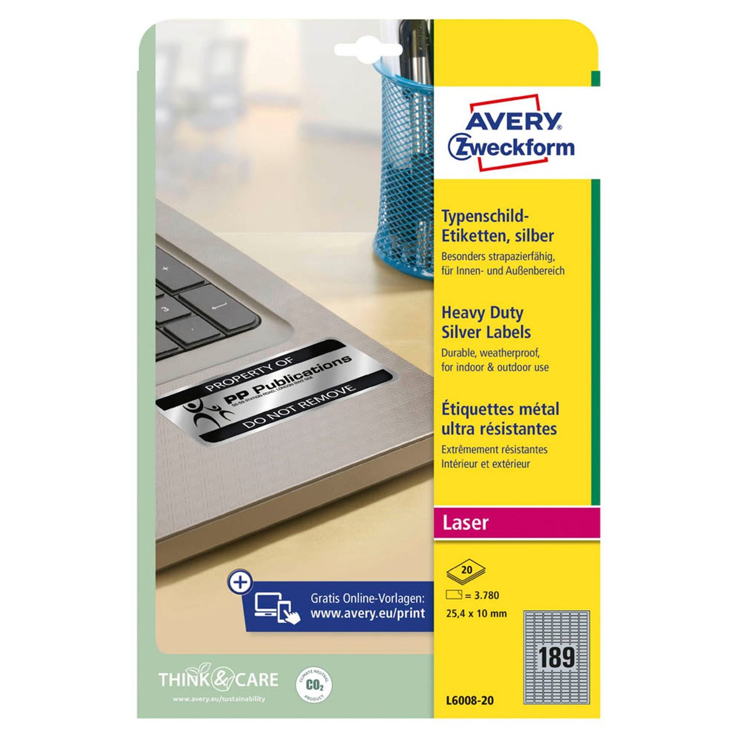 AVERY Zweckform Typenschildetiketten silber 25,4 x 10,0 mm | L6008-20 | 1 Pack = 20 Blatt