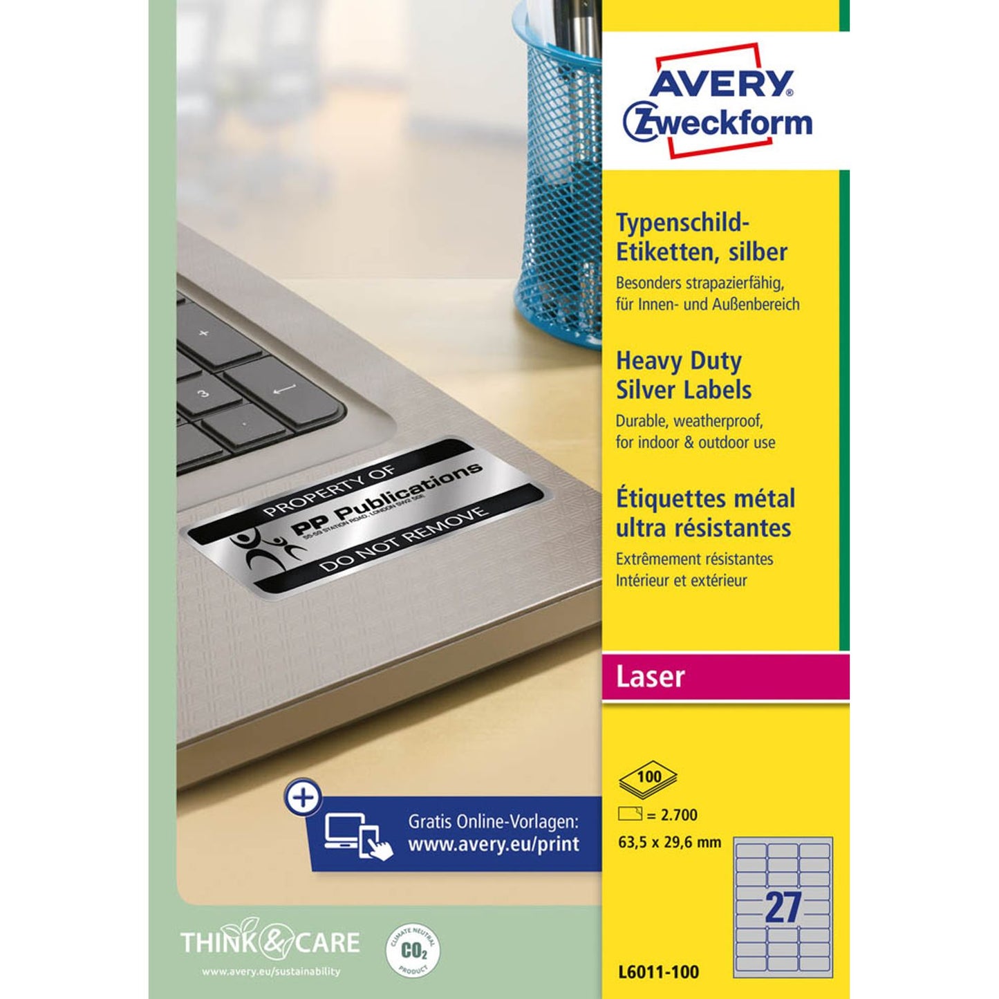 AVERY Zweckform Typenschildetiketten silber 63,5 x 29,6 mm | L6011-100 | 1 Pack = 100 Blatt