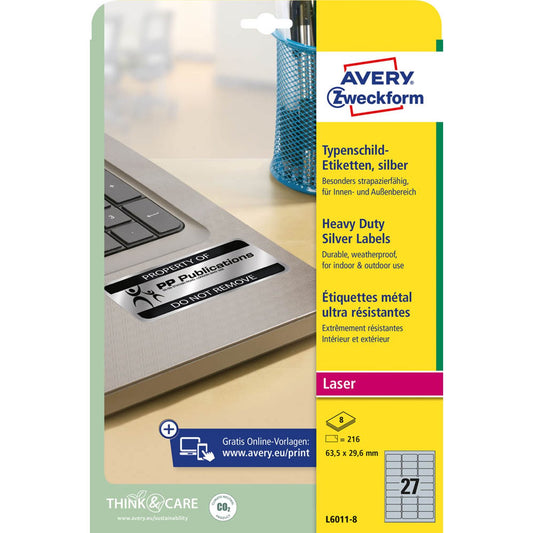 AVERY Zweckform Typenschildetiketten silber 63,5 x 29,6 mm | L6011-8 | 1 Pack = 8 Blatt
