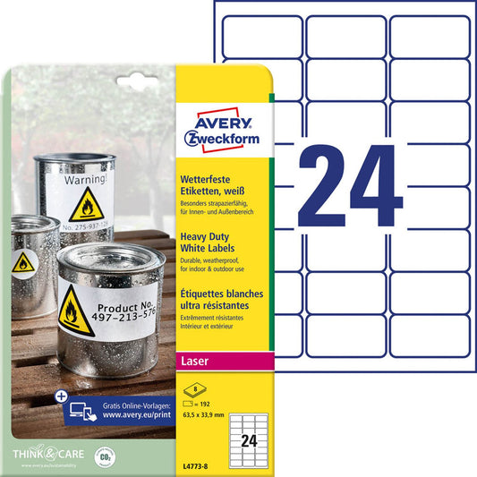 AVERY Zweckform wetterfeste Folienetiketten weiß 63,5 x 33,9 mm | L4773-8 | 1 Pack = 8 Blatt