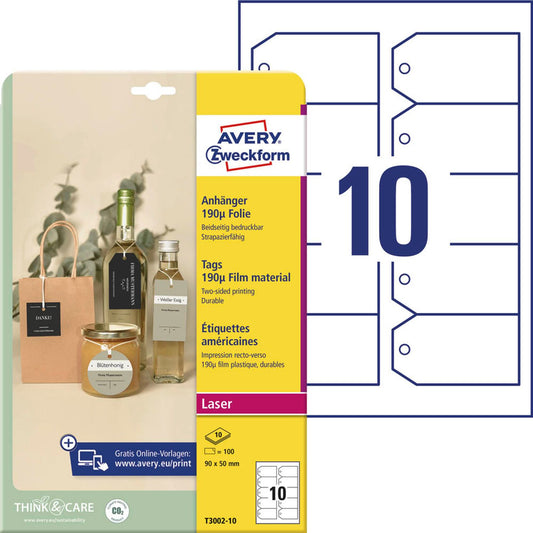 AVERY Zweckform Hängeetiketten weiß 90,0 x 50,0 mm blanko | T3002-10 | 1 Pack = 100 St.