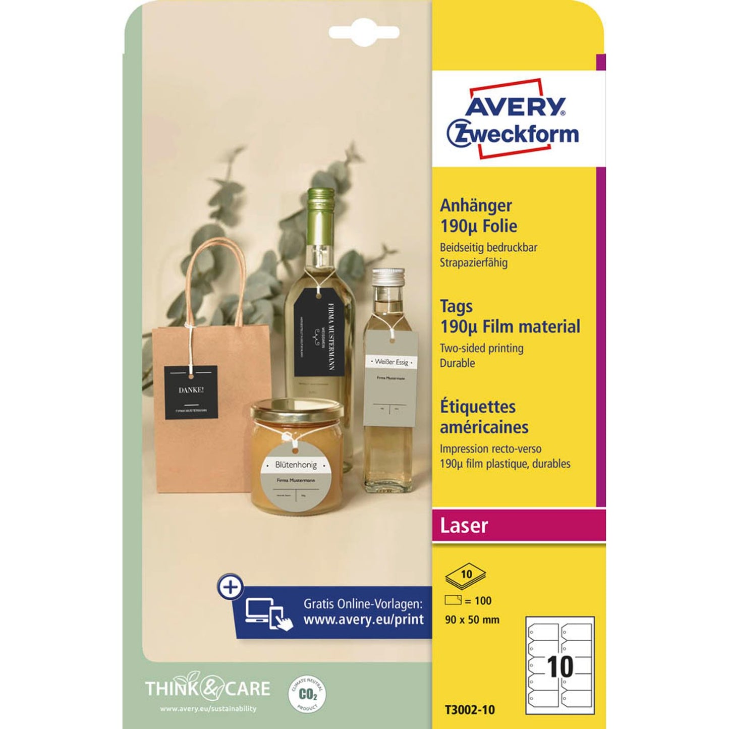 AVERY Zweckform Hängeetiketten weiß 90,0 x 50,0 mm blanko | T3002-10 | 1 Pack = 100 St.