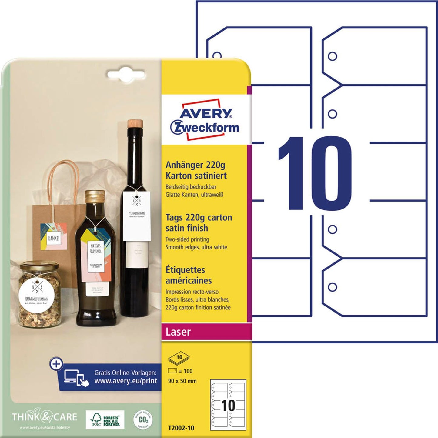 AVERY Zweckform Hängeetiketten weiß 90,0 x 50,0 mm blanko | T2002-10 | 1 Pack = 100 St.