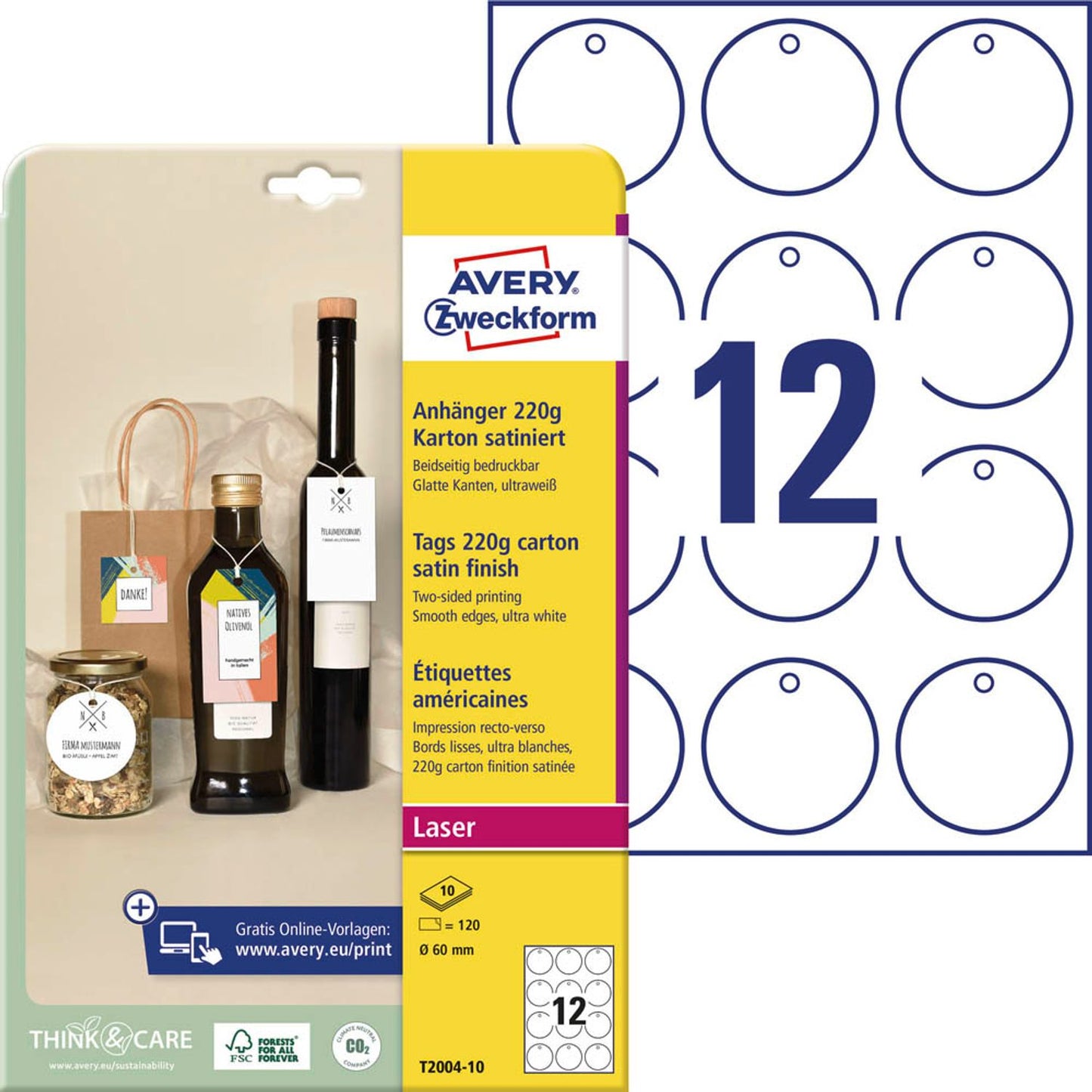 AVERY Zweckform Hängeetiketten weiß 60,0 x 60,0 mm blanko, kreisförmig | T2004-10 | 1 Pack = 120 St.