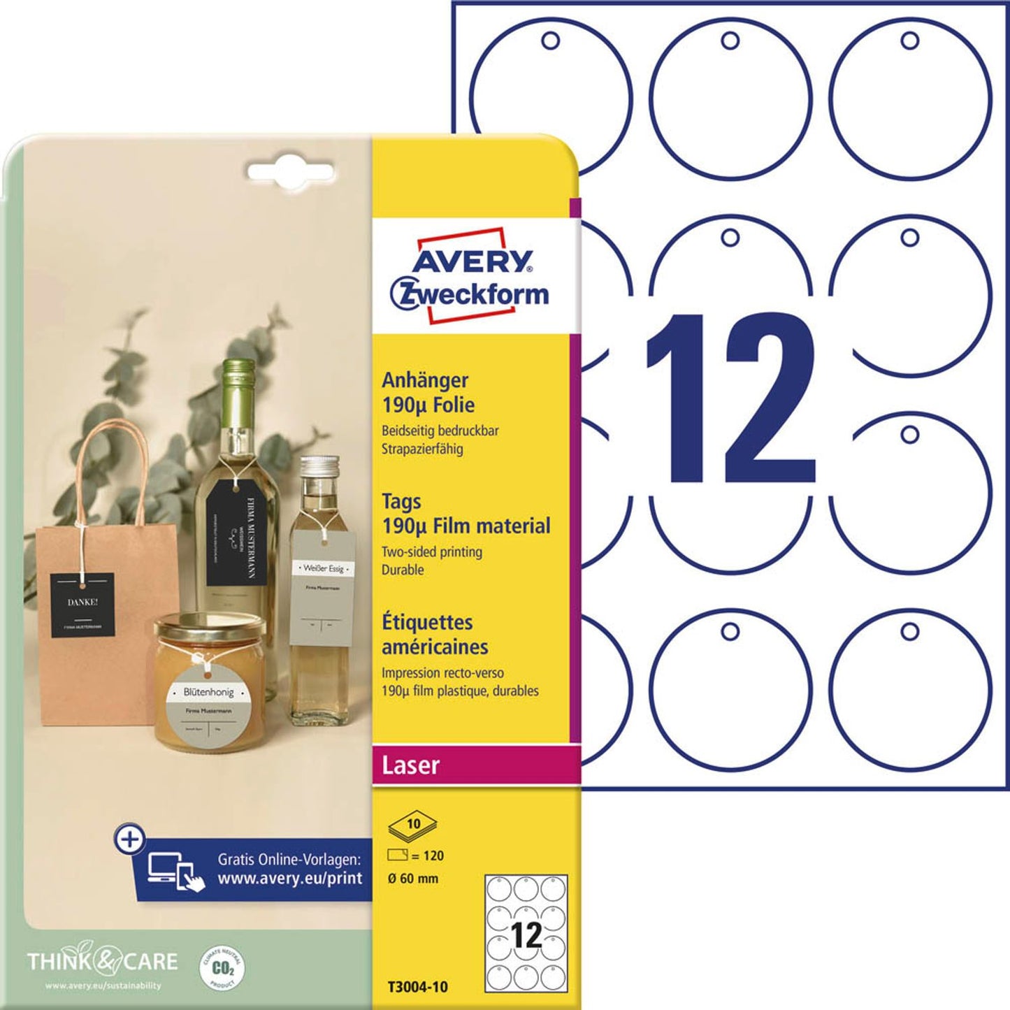 AVERY Zweckform Hängeetiketten weiß 60,0 x 60,0 mm blanko, kreisförmig | T3004-10 | 1 Pack = 120 St.