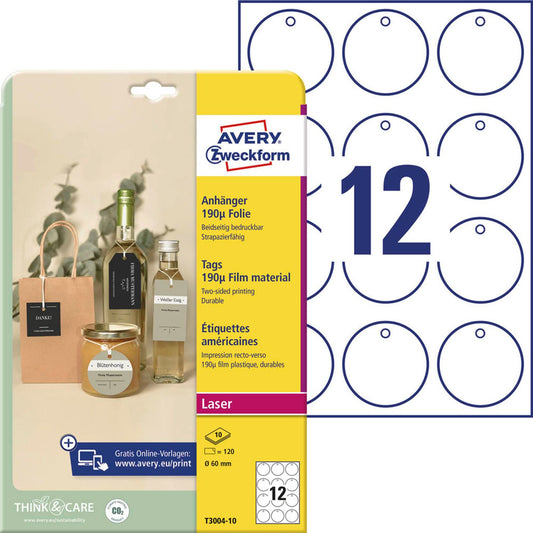 AVERY Zweckform Hängeetiketten weiß 60,0 x 60,0 mm blanko, kreisförmig | T3004-10 | 1 Pack = 120 St.