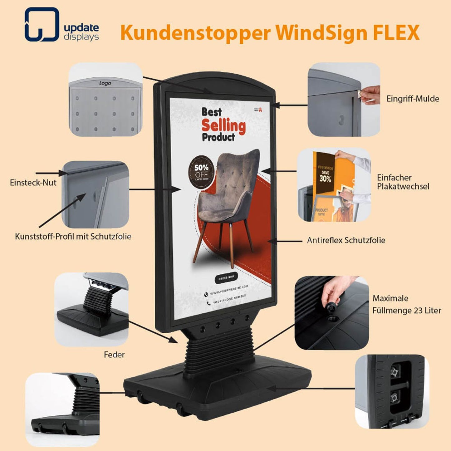 update displays Kundenstopper WindSign FLEX schwarz DIN A1 2 Fächer | UPFS3300A1X2000
