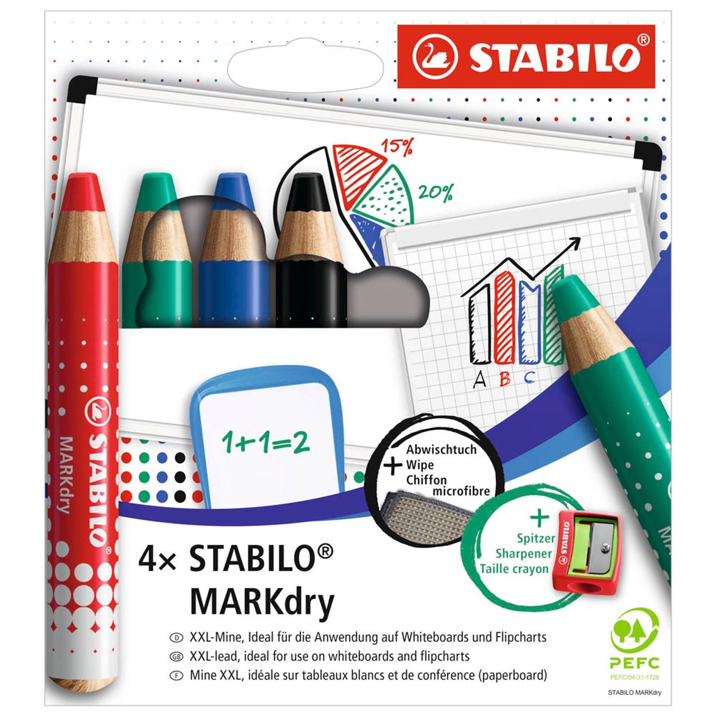 STABILO MARKdry Whiteboard- und Flipchart-Marker farbsortiert 1,0 - 10,0 mm | 648/4-5 | 1 Pack = 4 St.