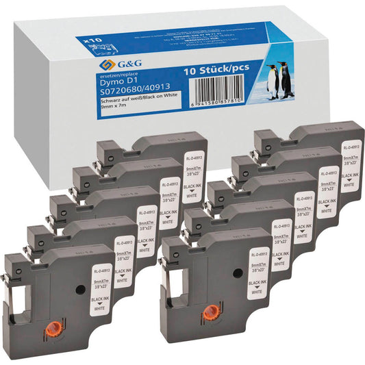 neutral Schriftbänder ersetzt Dymo D1/40913/S0720680 , 9 mm schwarz auf weiß | 19331 | 1 Pack = 10 St.
