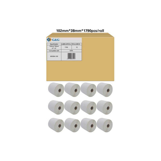 neutral Etikettenrollen für Etikettendrucker ersetzt Zebra 800264-155 weiß, 102,0 x 38,0 mm, 12 x 1790 Etiketten | TD-P-S2011-102*38*1790-BK/WT | 1 Pack = 12 Rollen