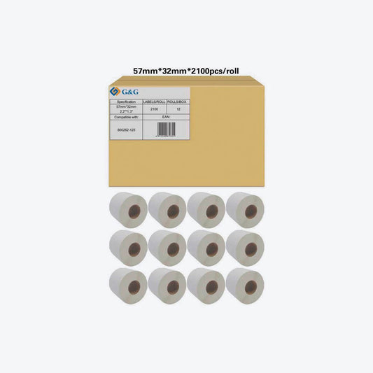 neutral Etikettenrollen für Etikettendrucker ersetzt Zebra 800262-125 weiß, 57,0 x 32,0 mm, 12 x 2100 Etiketten | TD-P-S2011-57*32*2100-BK/WT | 1 Pack = 12 Rollen