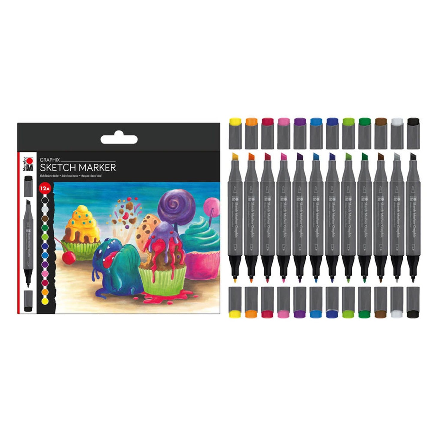 Marabu GRAPHIX SUGARHOLIC Permanentmarker-Set farbsortiert 1,0 - 7,0 mm | 148000000100 | 1 Pack = 12 St.