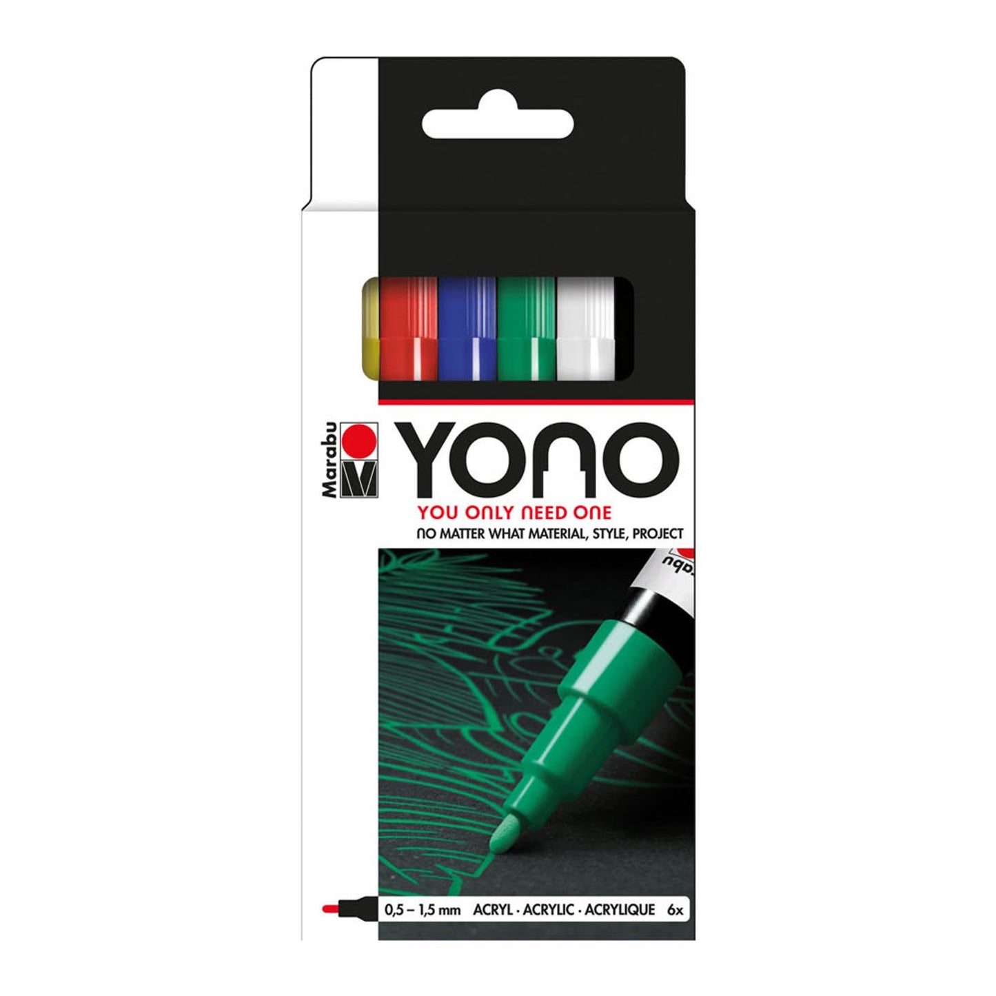 Marabu YONO Acrylstifte-Set farbsortiert 0,5 - 1,5 mm | 1240000003999 | 1 Pack = 6 St.