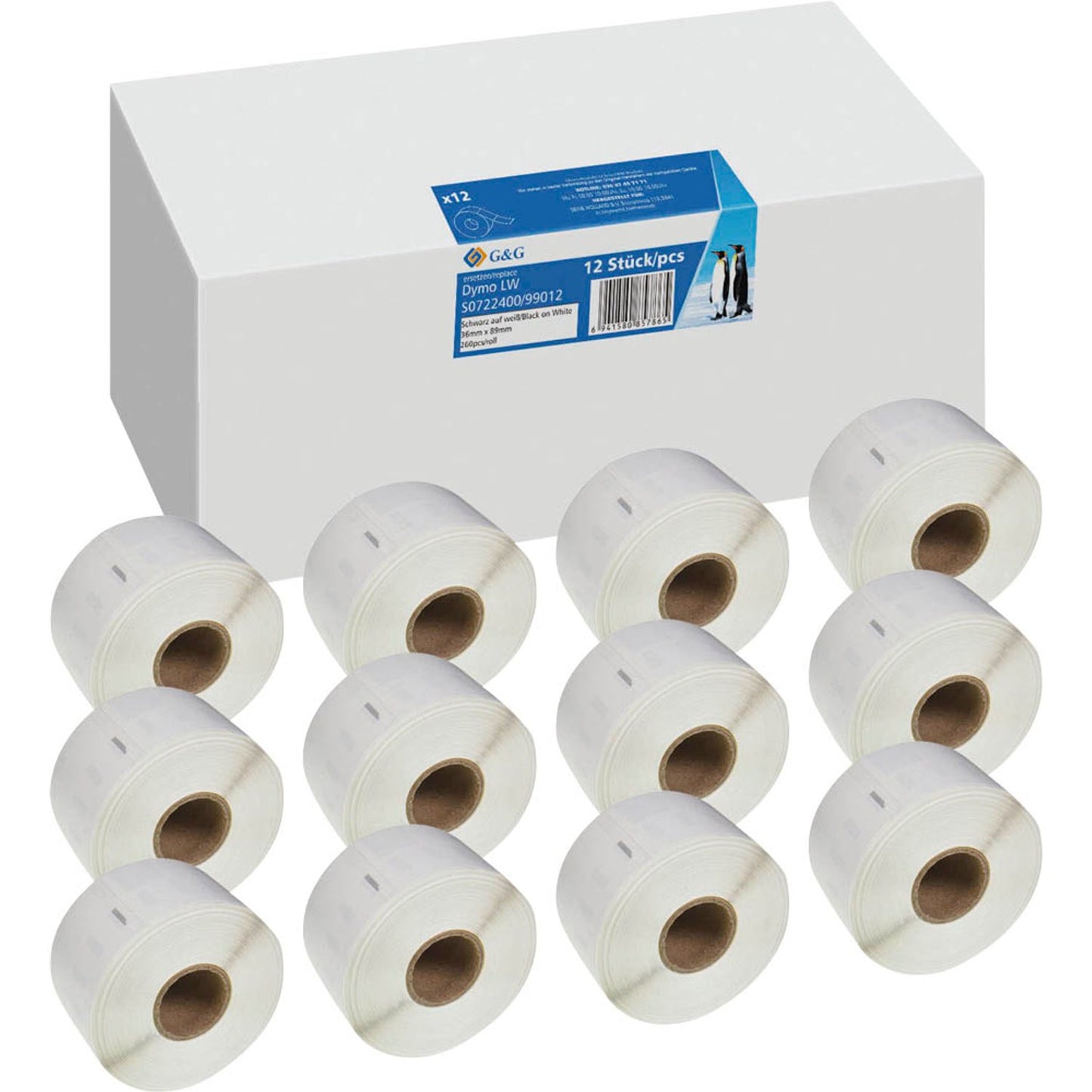 neutral Etikettenrollen für Etikettendrucker ersetzt Dymo 99012/S0722400 weiß, 89,0 x 36,0 mm, 12 x 260 Etiketten | 19328 | 1 Paar = 12x 260 Etiketten