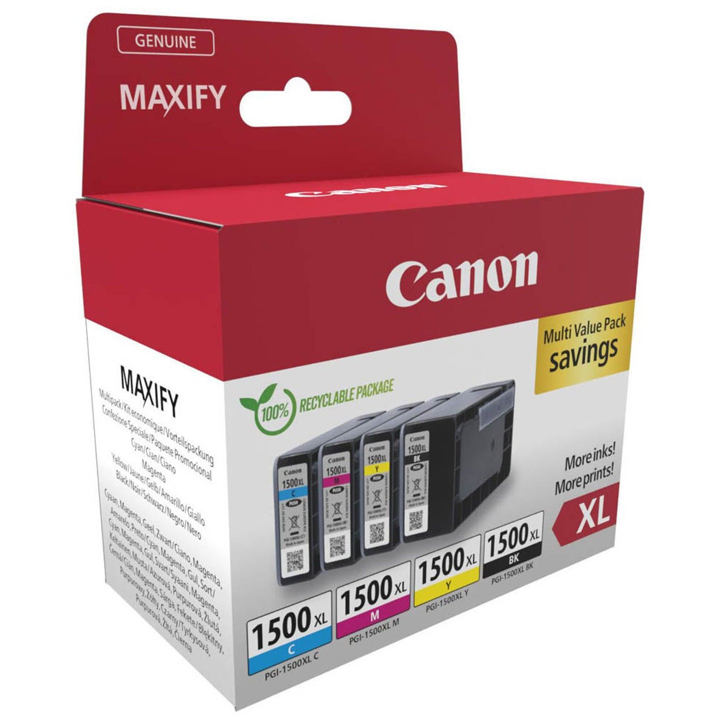 Canon PGI-1500 XL BK/C/M/Y schwarz, cyan, magenta, gelb Druckerpatronen, 4er-Set | 9182B010 | 1 Pack = 4 St.