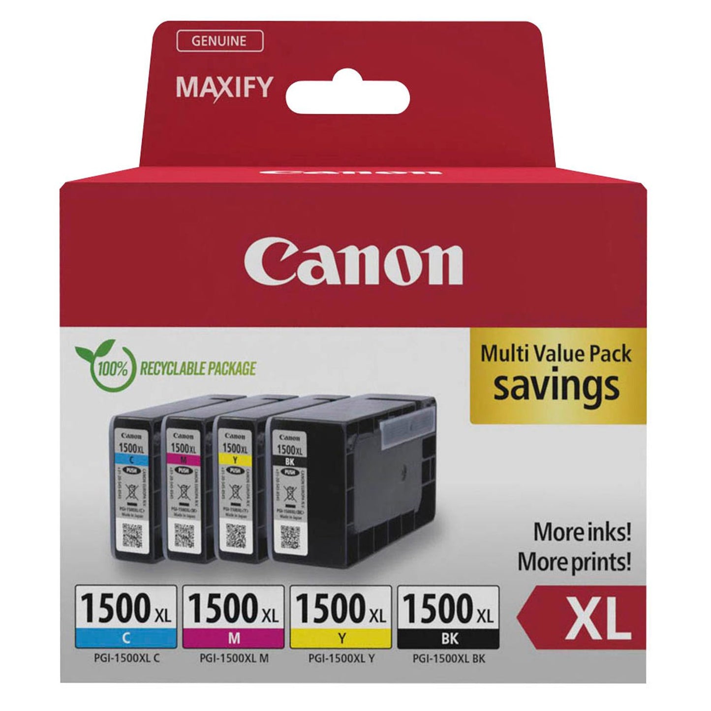 Canon PGI-1500 XL BK/C/M/Y schwarz, cyan, magenta, gelb Druckerpatronen, 4er-Set | 9182B010 | 1 Pack = 4 St.