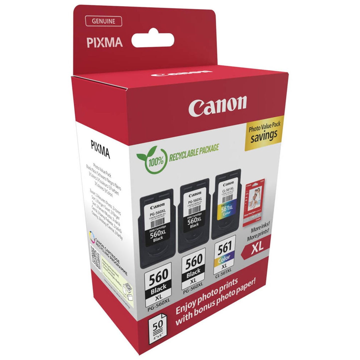 Canon PG-560XLx2/CL-561XL schwarz, color Druckköpfe + Fotopapier, 3er-Set | 3712C012 | 1 Set = 3 St.