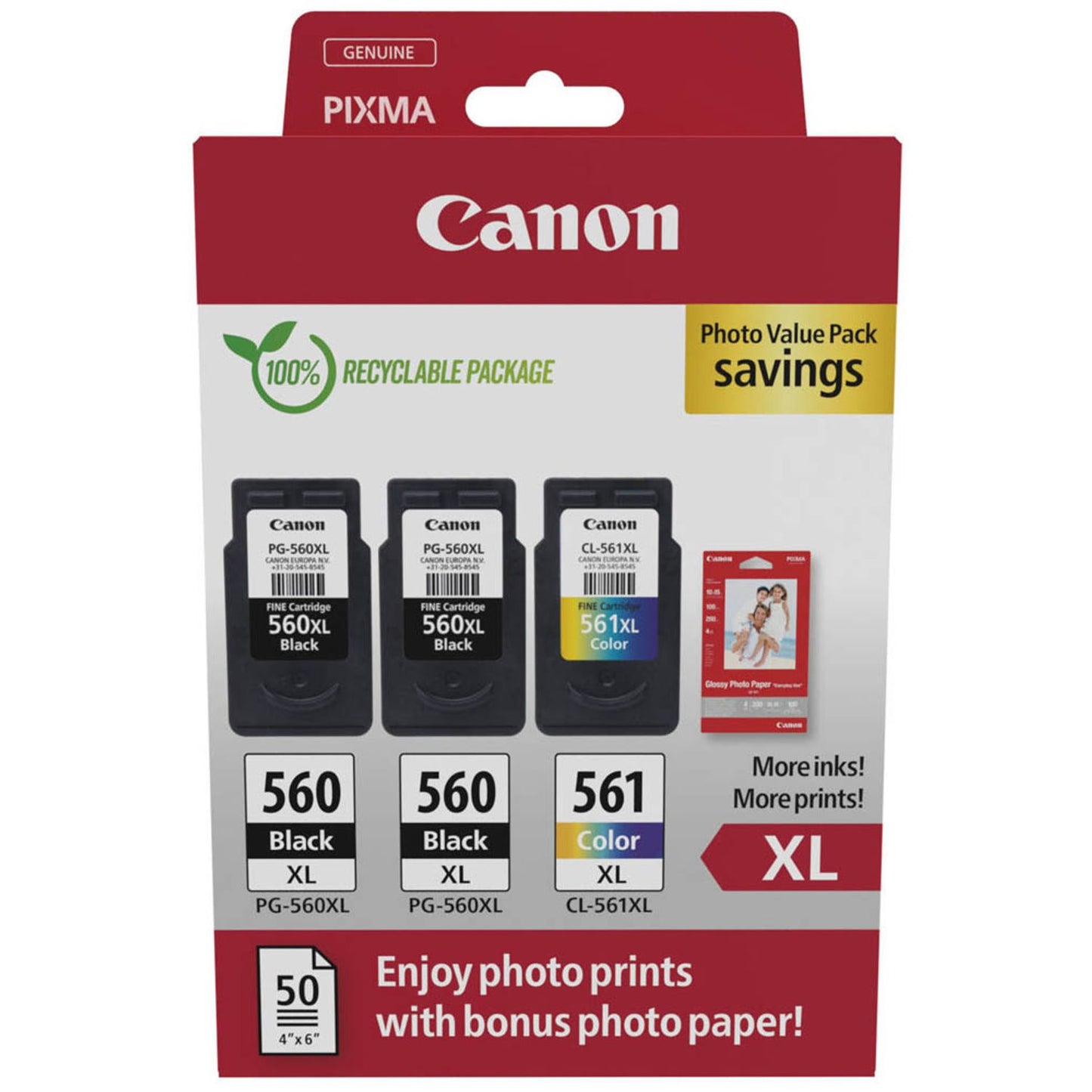 Canon PG-560XLx2/CL-561XL schwarz, color Druckköpfe + Fotopapier, 3er-Set | 3712C012 | 1 Set = 3 St.