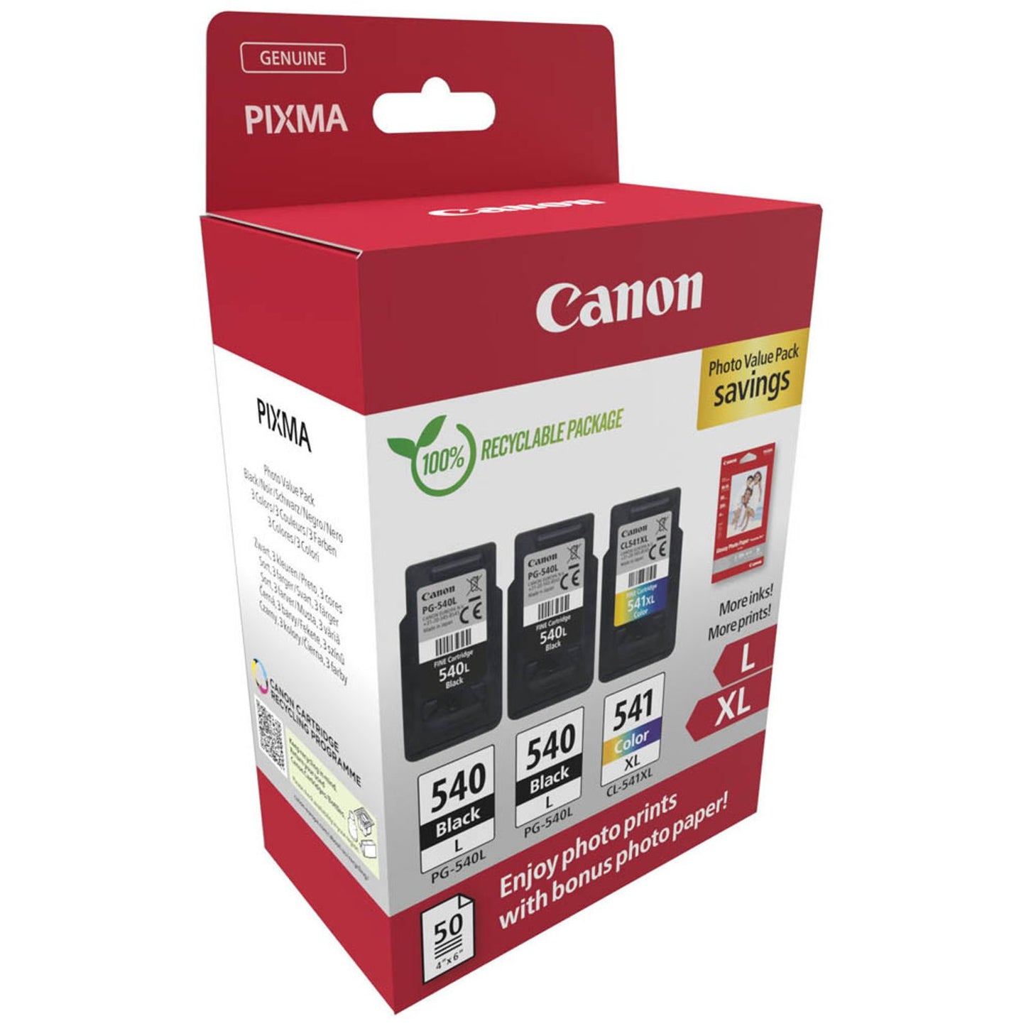 Canon PG-540Lx2/CL-541XL schwarz, color Druckköpfe + Fotopapier, 3er-Set | 5224B015 | 1 Set = 3 St.