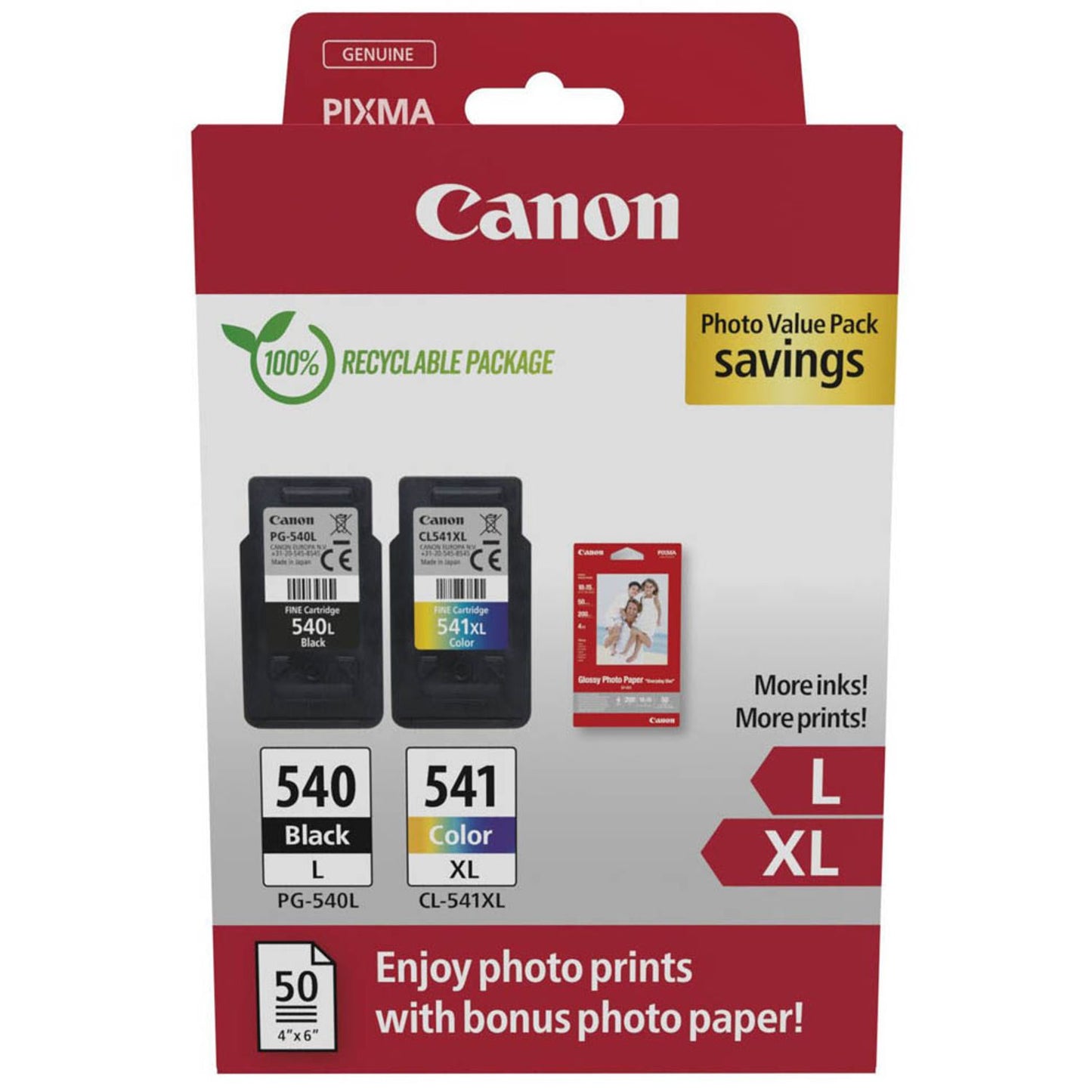 Canon PG-540L + CL-541XL schwarz, color Druckköpfe + Fotopapier, 2er-Set | 5224B012 | 1 Set = 2 St.