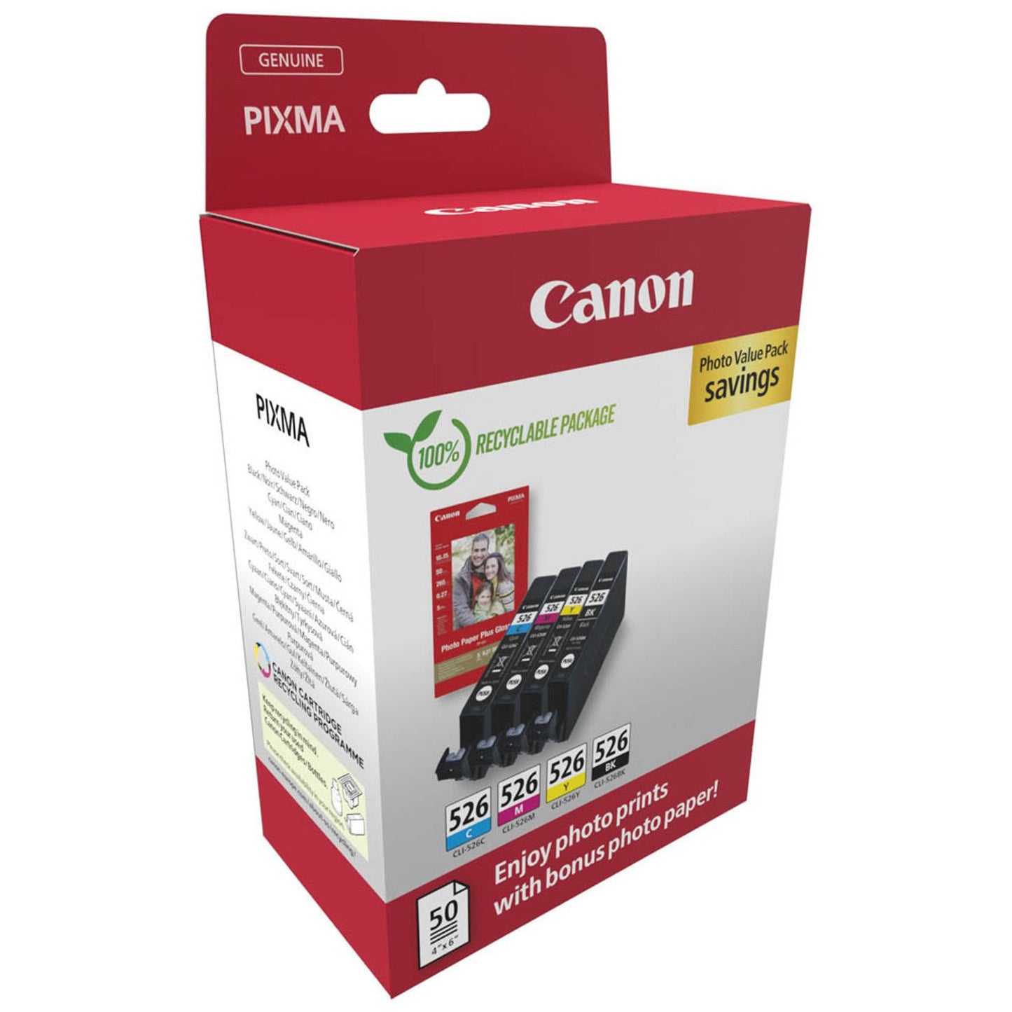 Canon CLI-526 C/M/Y/BK schwarz, cyan, magenta, gelb Druckerpatronen + Fotopapier | 4540B019