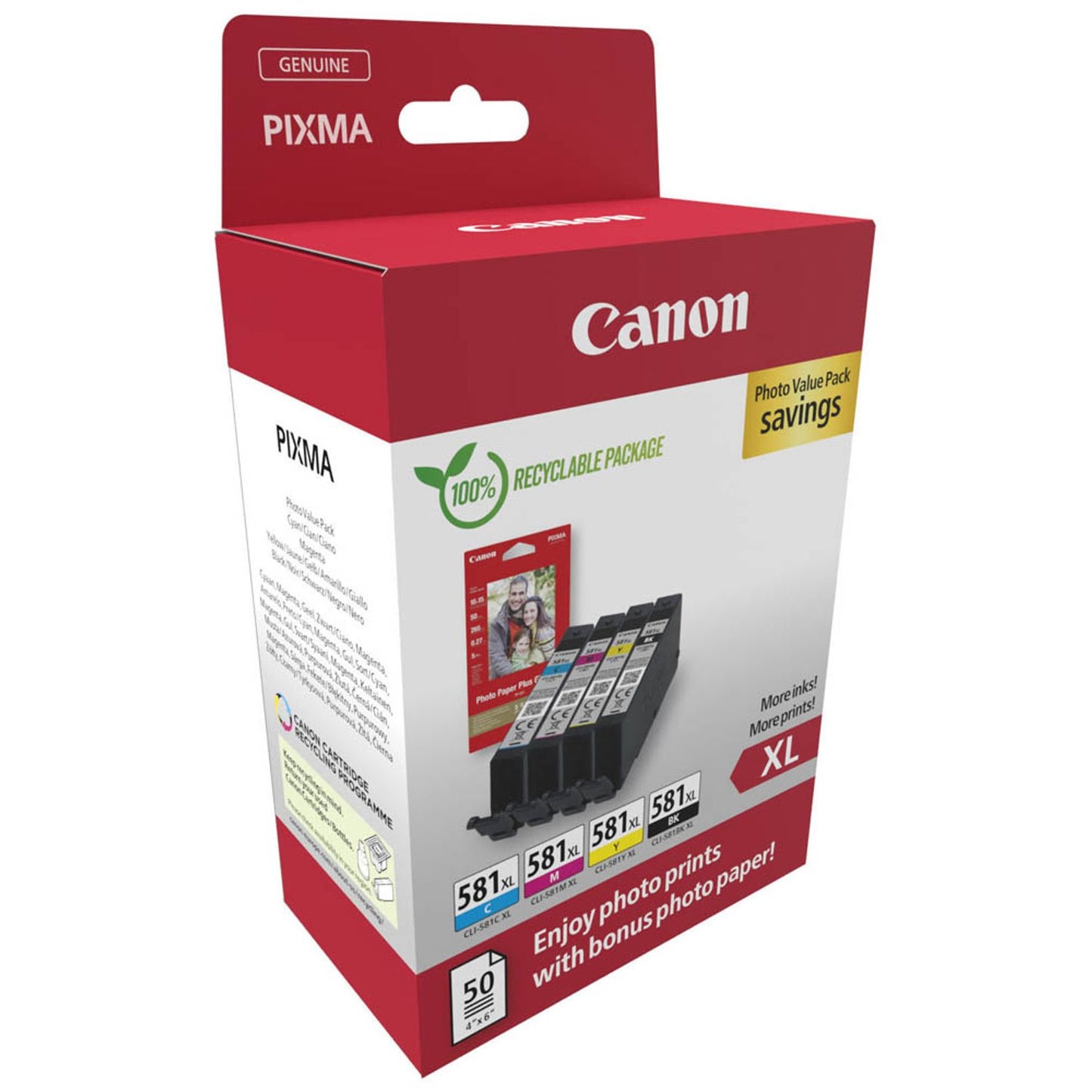 Canon CLI-581XL BK/C/M/Y schwarz, cyan, magenta, gelb Druckerpatronen + Fotopapier, 4er-Set | 2052C006 | 1 Set = 4 St.