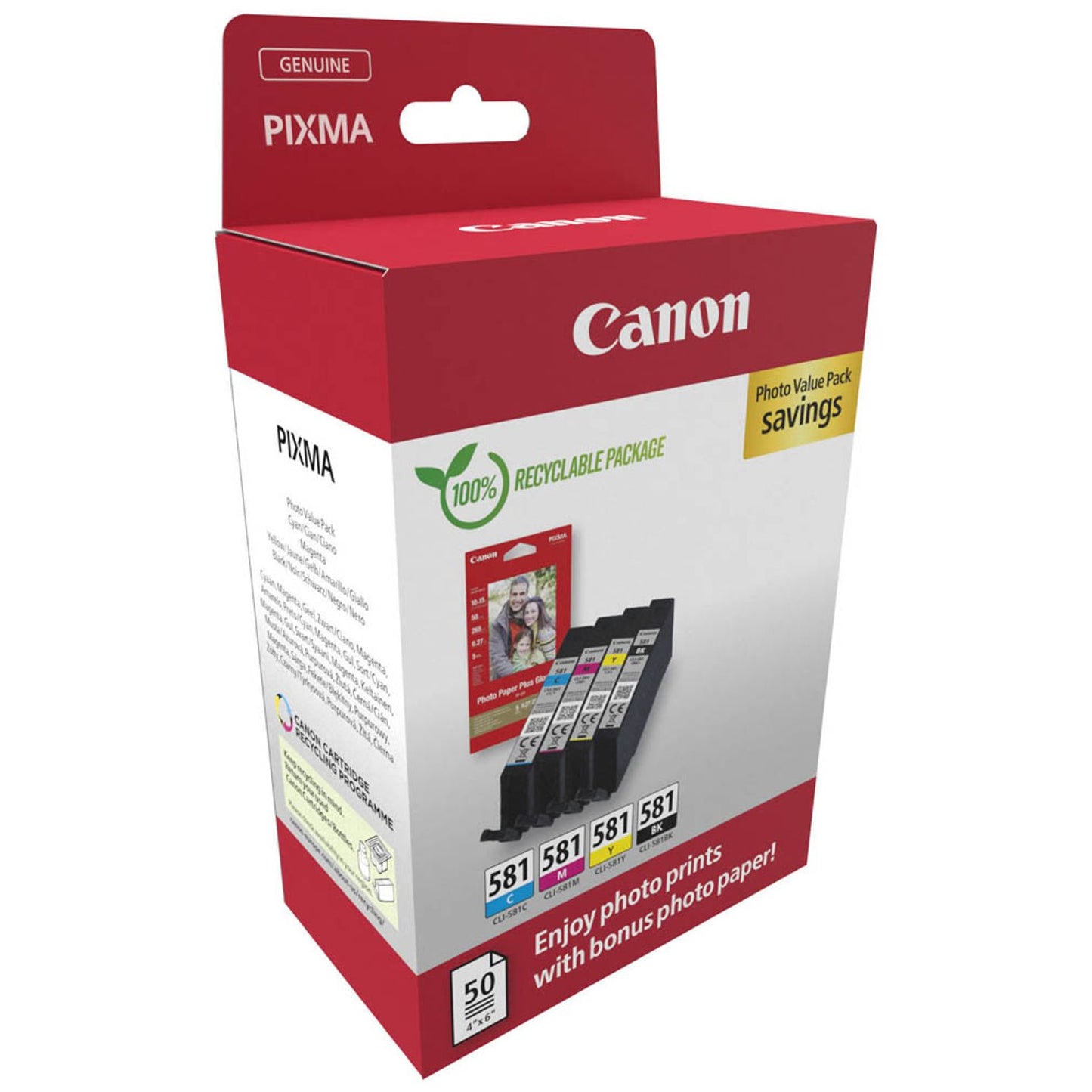 Canon CLI-581 BK/C/M/Y schwarz, cyan, magenta, gelb Druckerpatronen + Fotopapier, 4er-Set | 2106C006 | 1 Set = 4 St.