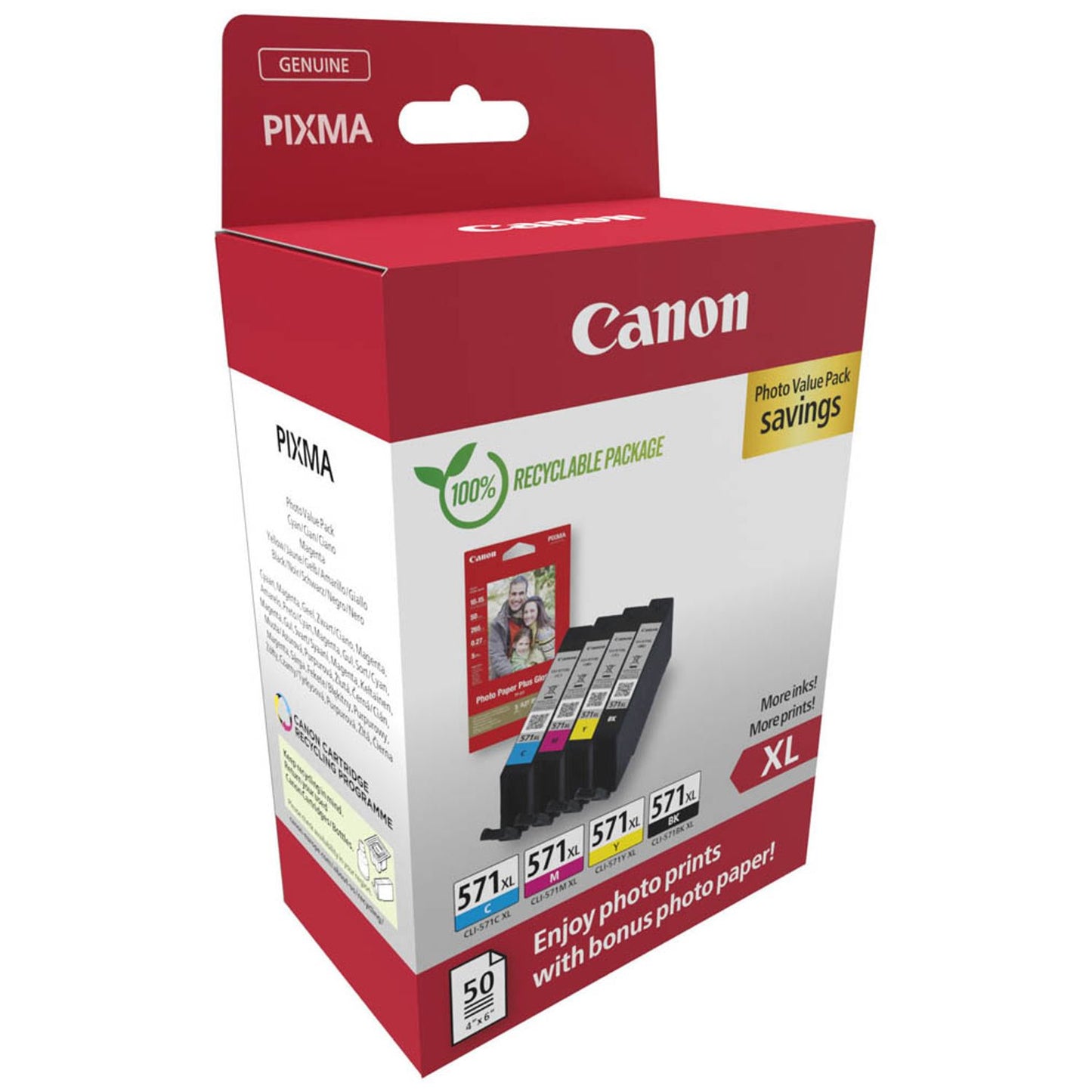 Canon CLI-571 XL C/M/Y/BK schwarz, cyan, magenta, gelb Druckerpatronen + Fotopapier | 0332C006