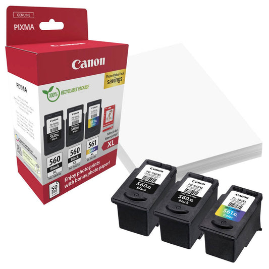 Canon PG-560XLx2/CL-561XL schwarz, color Druckköpfe + Fotopapier, 3er-Set | 3712C012 | 1 Set = 3 St.