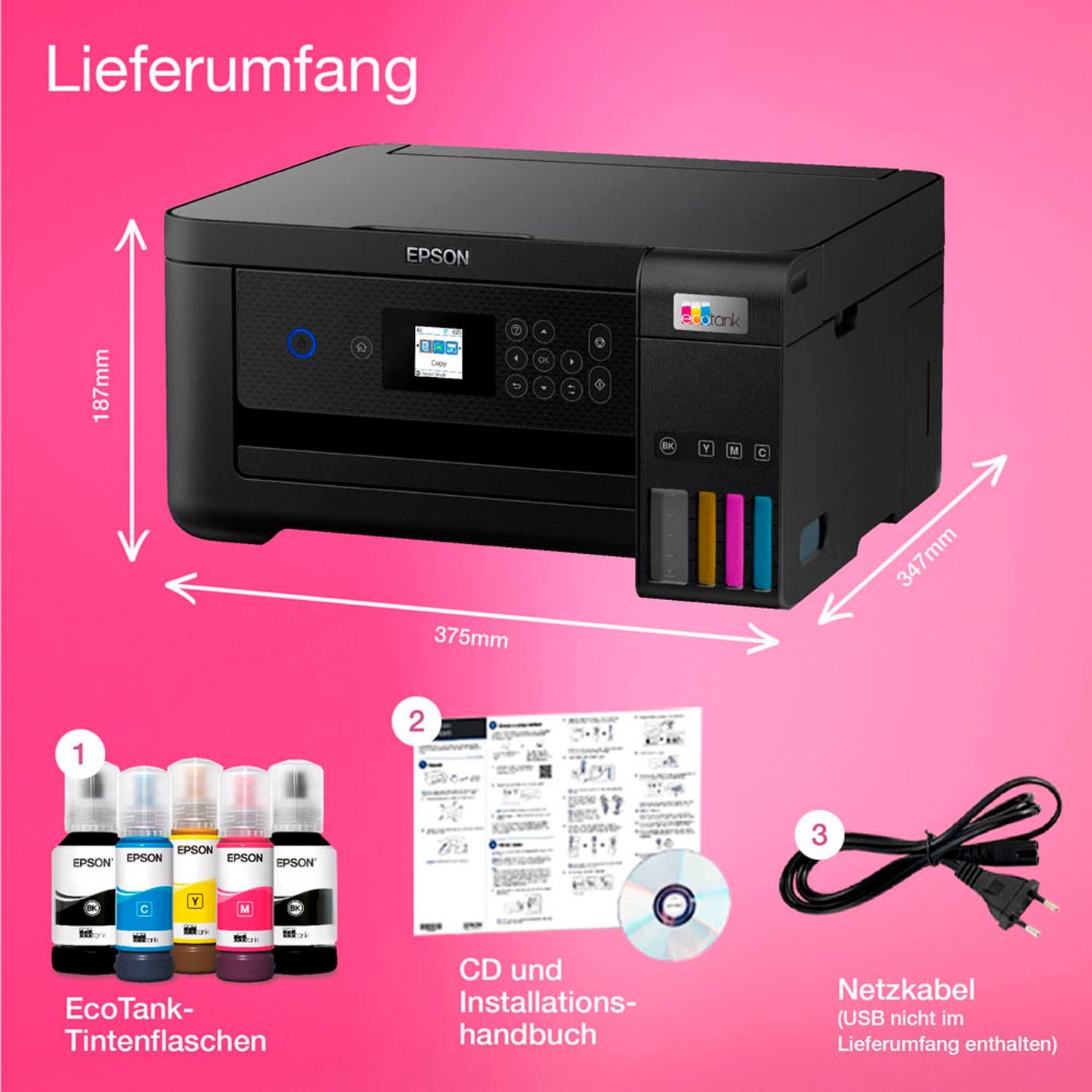 EPSON EcoTank ET-2850 3 in 1 Tintenstrahl-Multifunktionsdrucker schwarz | C11CJ63405