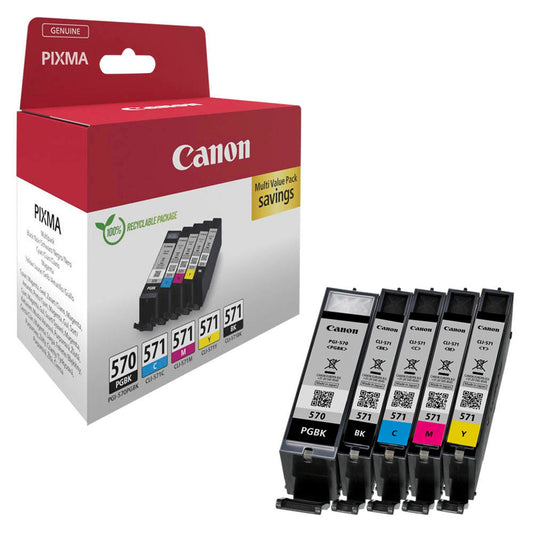 Canon PGI-570 PGBK + CLI-571 BK/C/M/Y 2x schwarz, cyan, magenta, gelb Druckerpatronen, 5er-Set | 0372C006 | 1 Pack = 5 St.