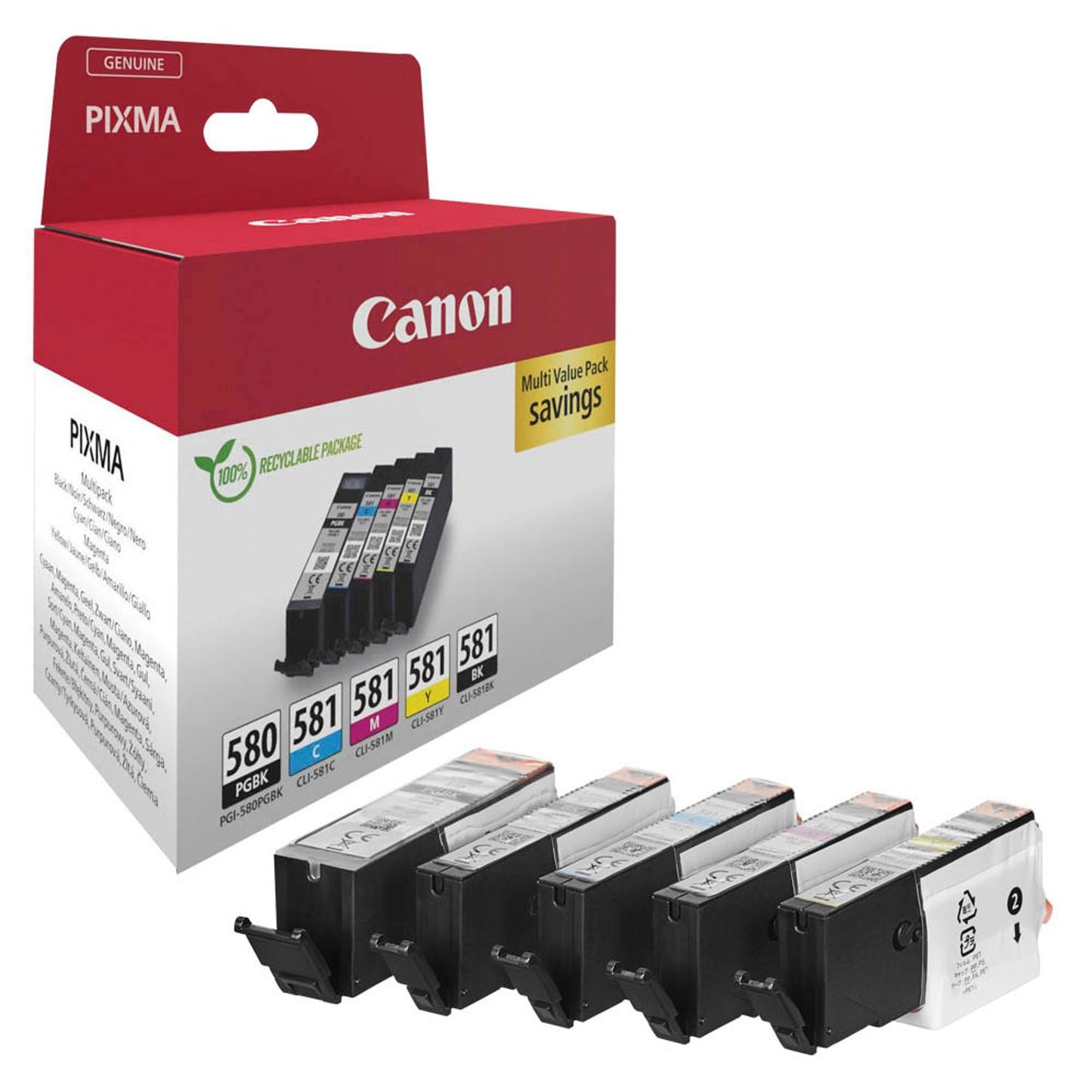 Canon PGI-580 PGBK/CLI-581 BK/C/M/Y schwarz, cyan, magenta, gelb Druckerpatronen, 5er-Set | 2078C007 | 1 Pack = 5 St.