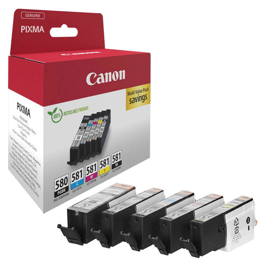 Canon PGI-580 PGBK/CLI-581 BK/C/M/Y schwarz, cyan, magenta, gelb Druckerpatronen, 5er-Set | 2078C007 | 1 Pack = 5 St.