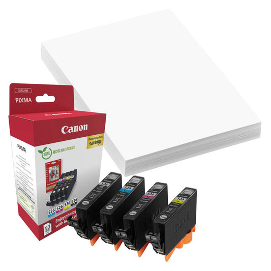 Canon CLI-526 C/M/Y/BK schwarz, cyan, magenta, gelb Druckerpatronen + Fotopapier | 4540B019
