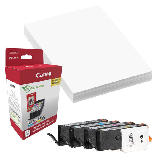 Canon CLI-581 BK/C/M/Y schwarz, cyan, magenta, gelb Druckerpatronen + Fotopapier, 4er-Set | 2106C006 | 1 Set = 4 St.