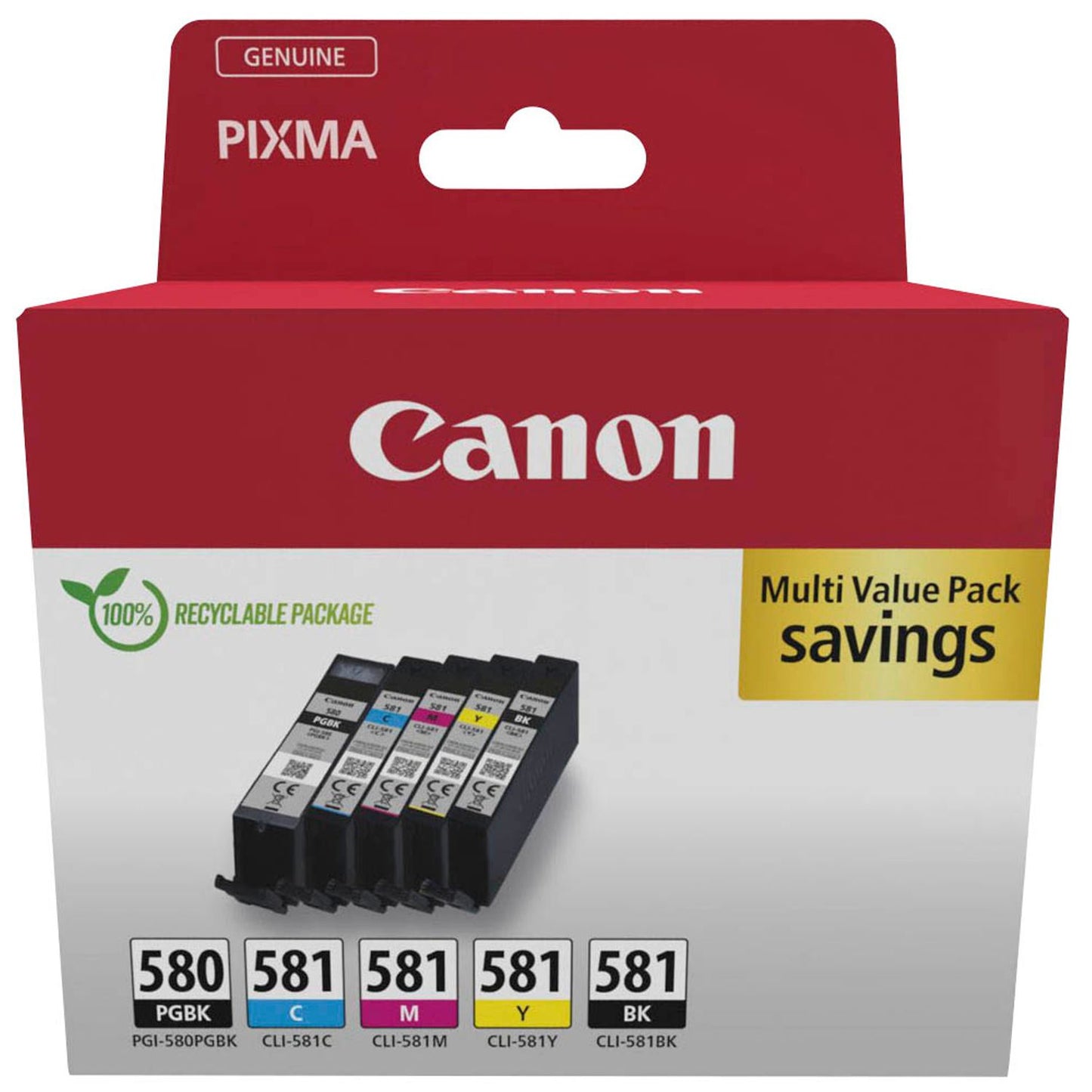 Canon PGI-580 PGBK/CLI-581 BK/C/M/Y schwarz, cyan, magenta, gelb Druckerpatronen, 5er-Set | 2078C007 | 1 Pack = 5 St.