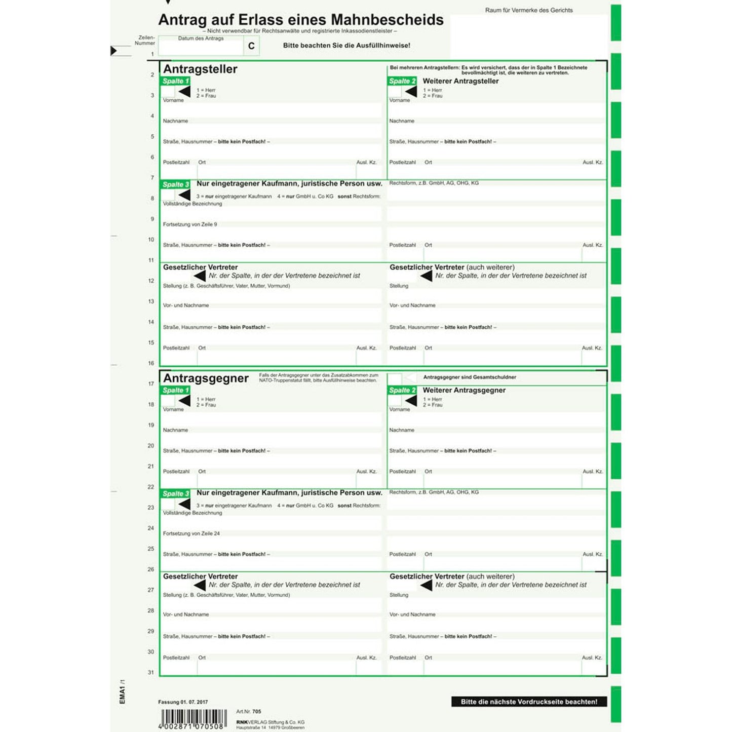 RNK-Verlag Mahnbescheid für maschinelle Bearbeitung Formulare | 705L/10 | 1 Pack = 10 St.