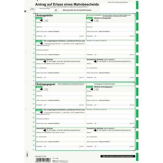 RNK-Verlag Mahnbescheid für maschinelle Bearbeitung Formulare | 705L/10 | 1 Pack = 10 St.