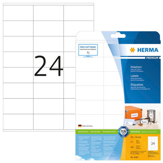 HERMA Etiketten weiß 70,0 x 36,0 mm | 4360 | 1 Pack = 25 Blatt