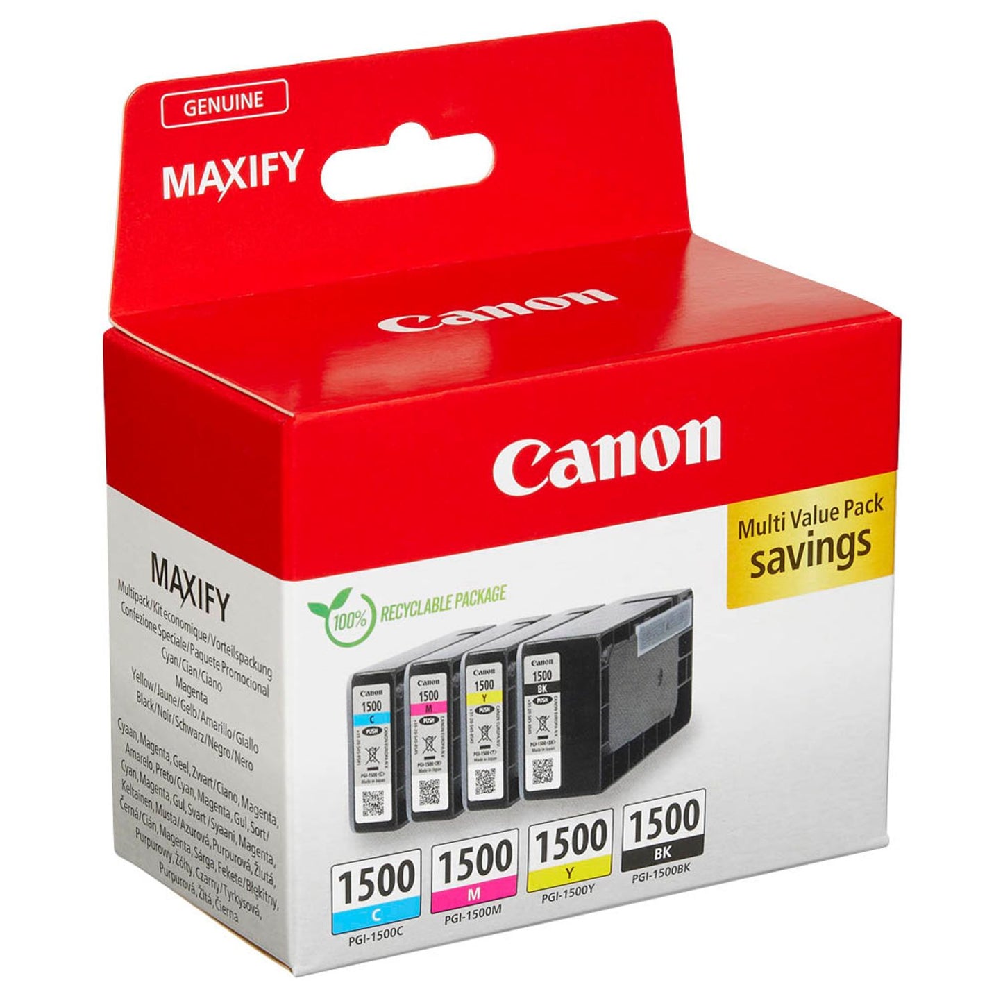 Canon PGI-1500 BK/C/M/Y schwarz, cyan, magenta, gelb Druckerpatronen, 4er-Set | 9218B006 | 1 Pack = 4 St.