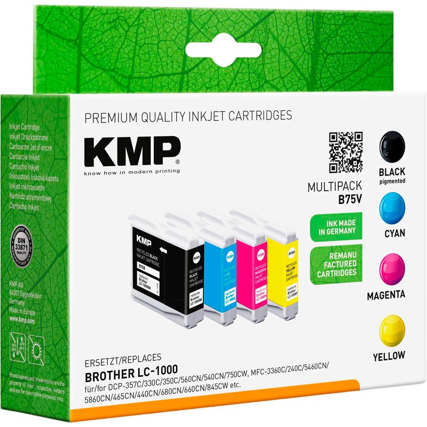 KMP B75V schwarz, cyan, magenta, gelb Druckerpatronen kompatibel zu brother LC1000VAL, 4er-Set | 1035,4005 | 1 Pack = 4 St.