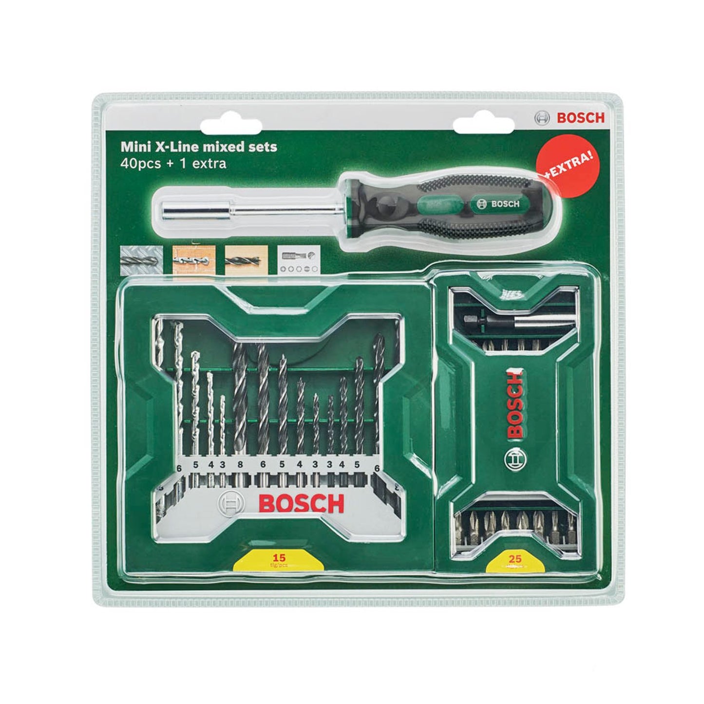 BOSCH 25+15+1 Mini-X-Line Sets plus Griff Bohrer- und Bit-Set, 41-teilig | 2607017655