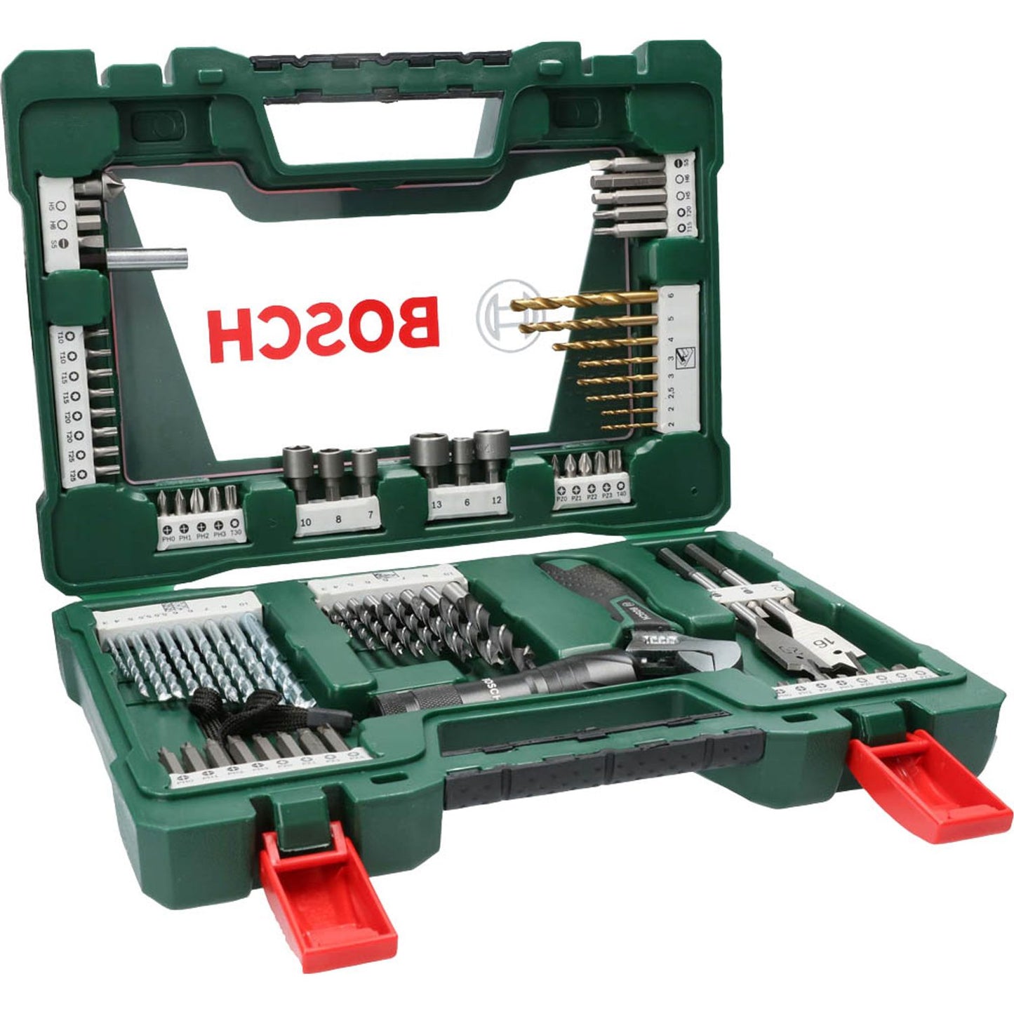 BOSCH mit LED-Taschenlampe und Rollgabelschlüssel Bohrer- und Bit-Set, 83-teilig | 2607017193