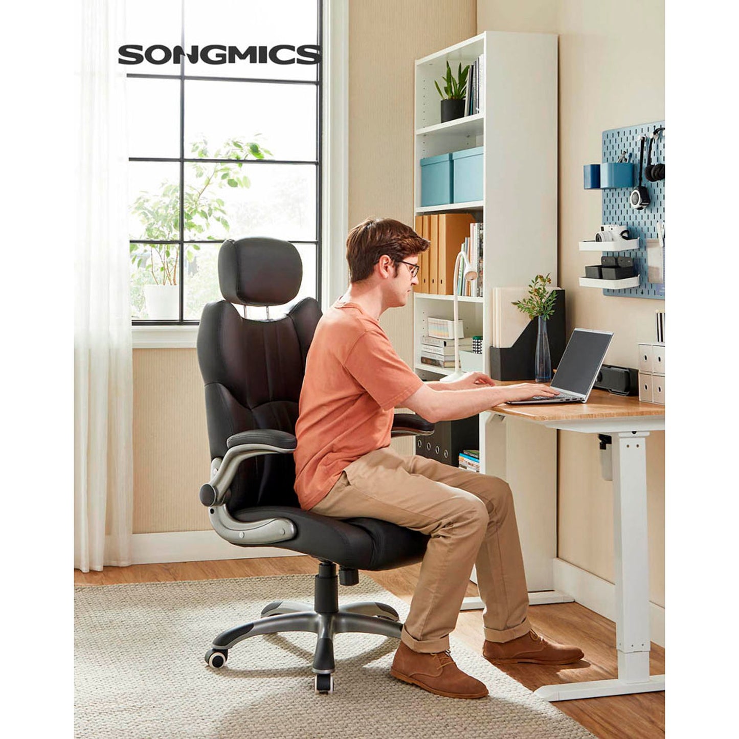 SONGMICS Bürostuhl, Kunstleder schwarz, Gestell silber | OBG65BK