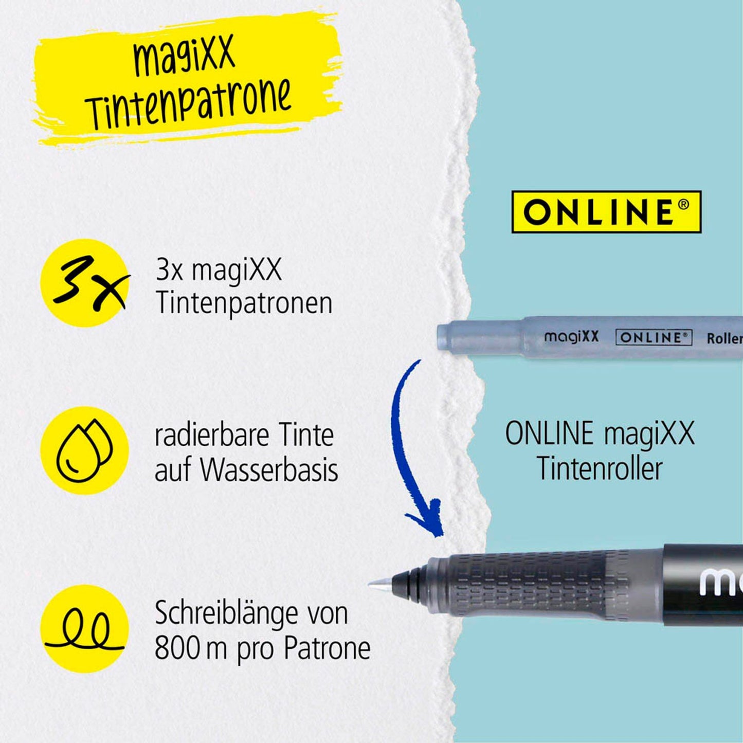 ONLINE® magiXX Rollerpatrone Tintenkonverter blau | 17103/12 | 1 Pack = 3 St.