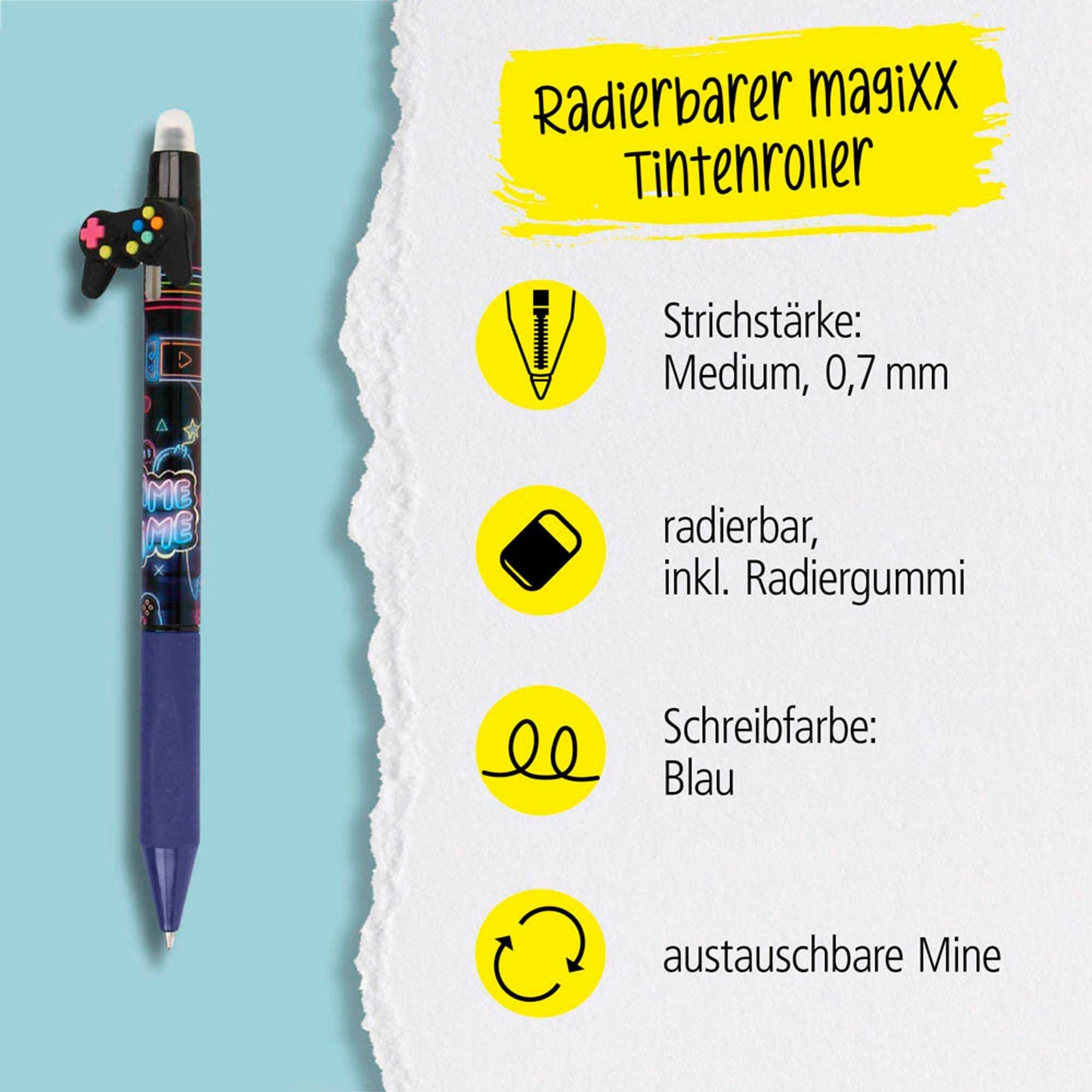 ONLINE® magiXX Fun Game Pad Gelschreiber Motiv 0,7 mm, Schreibfarbe: blau | 35408/3D