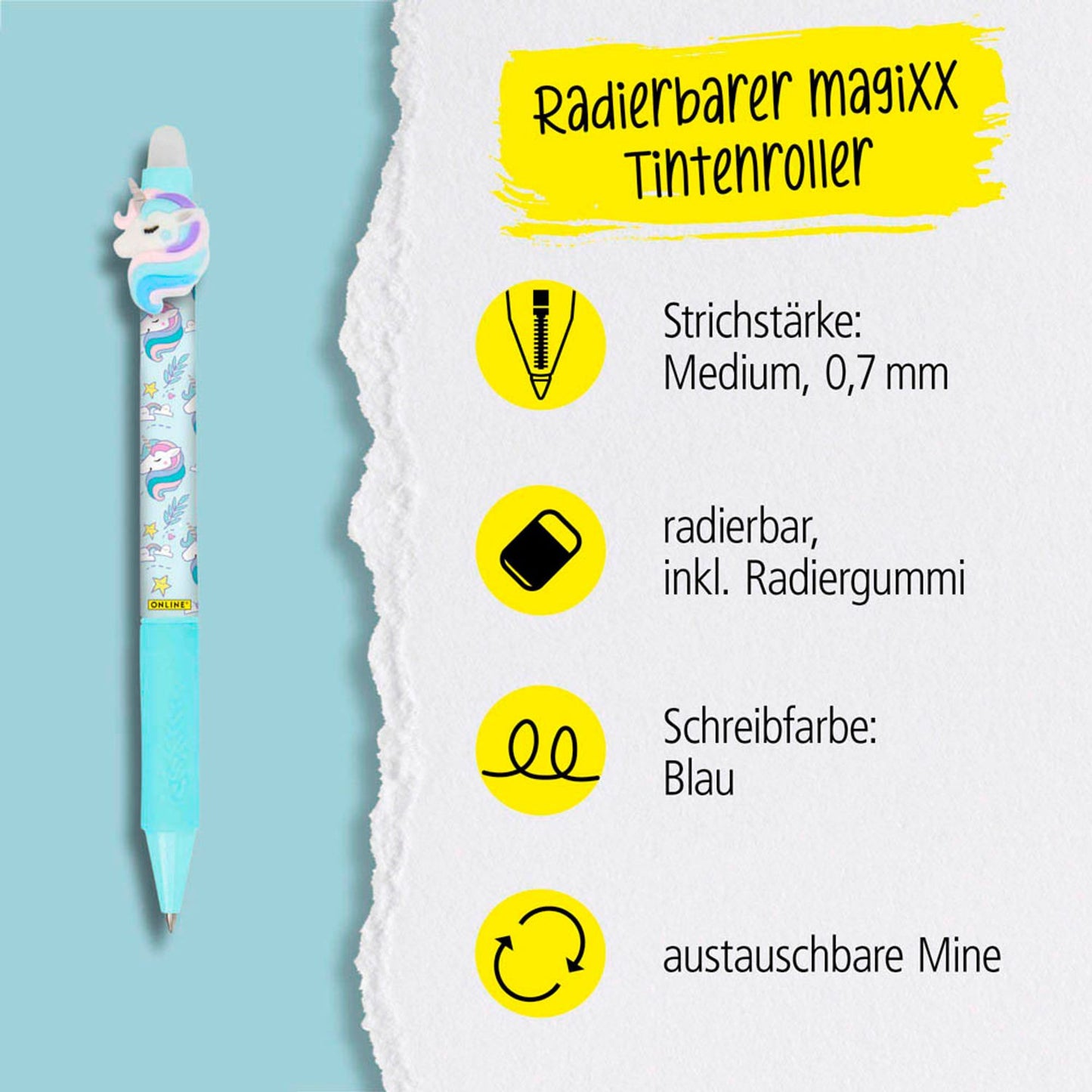 ONLINE® magiXX Fun Unicorn Gelschreiber Motiv 0,7 mm, Schreibfarbe: blau | 35425/3D