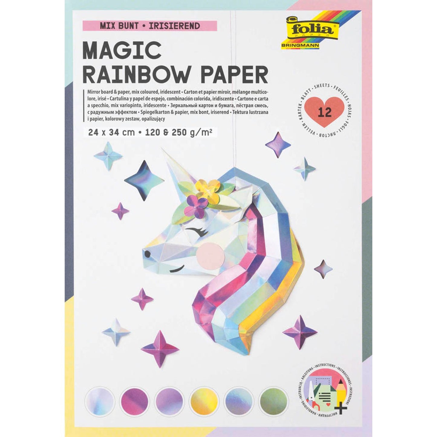 folia Tonpapier Magic Rainbow Paper farbsortiert 120 / 250 g/qm | 12049 | 1 Pack = 12 Blatt
