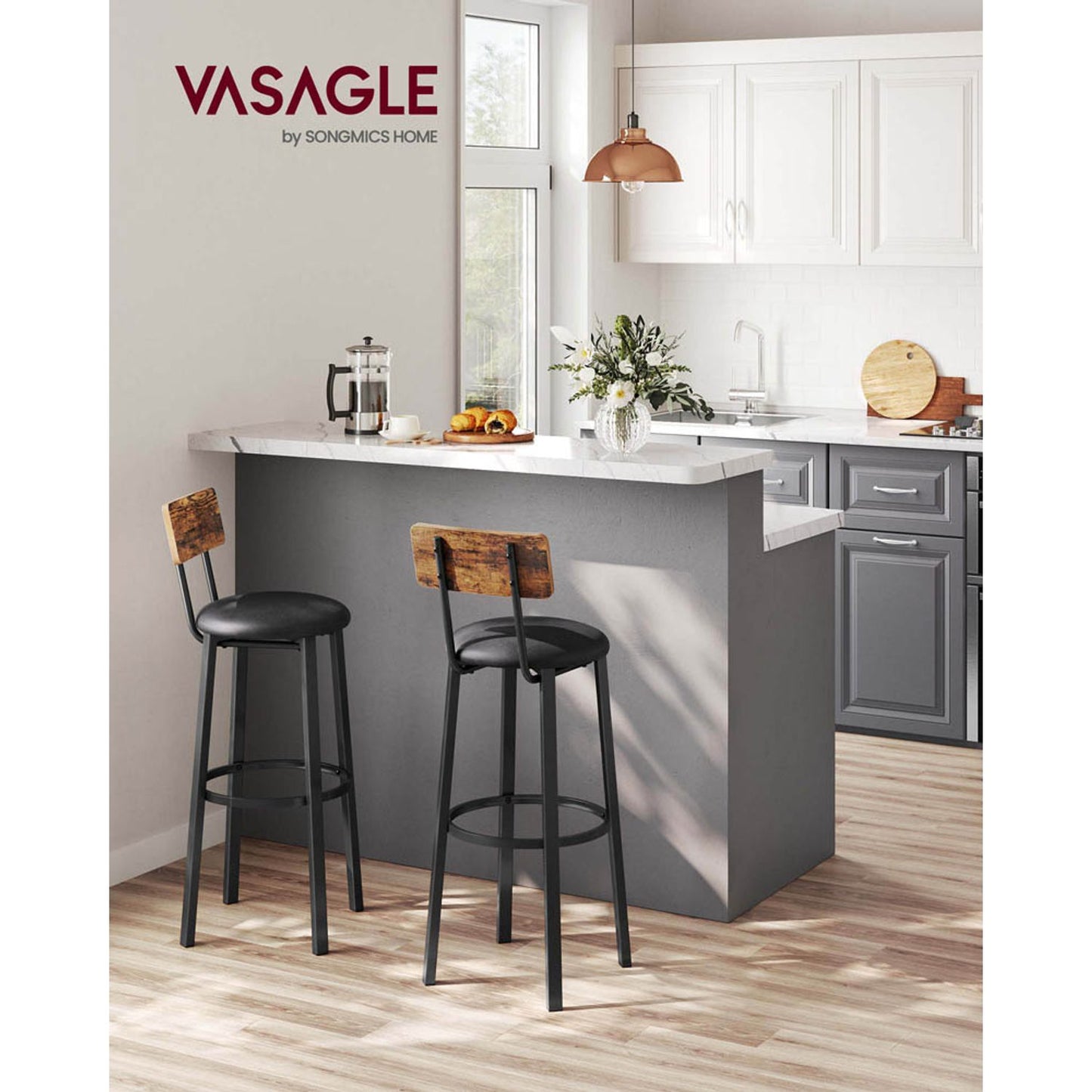 VASAGLE Barhocker braun Kunstleder | LBC069B81V1 | 1 Pack = 2 St.