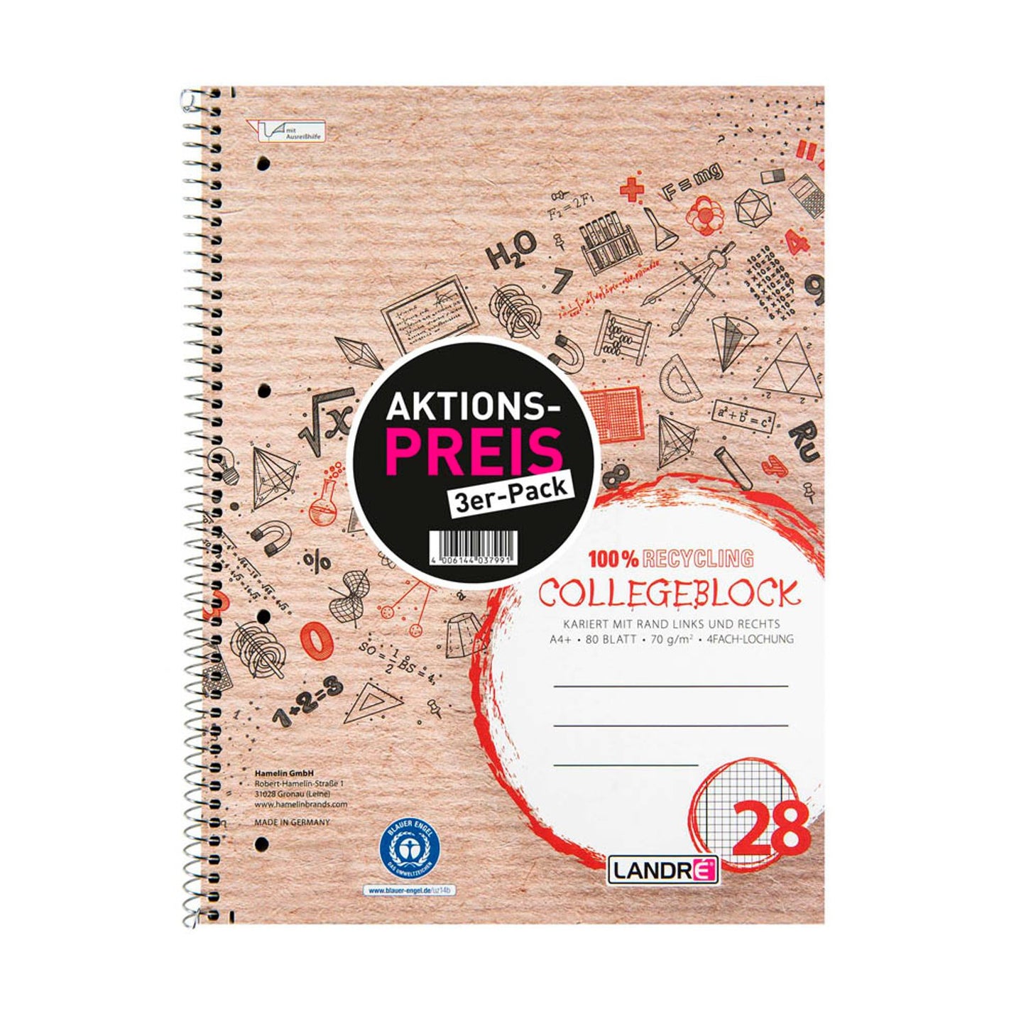 LANDRÉ® Collegeblöcke Recycling kariert DIN A4 Innen- und Außenrand | 400153863 | 1 Pack = 3 St.